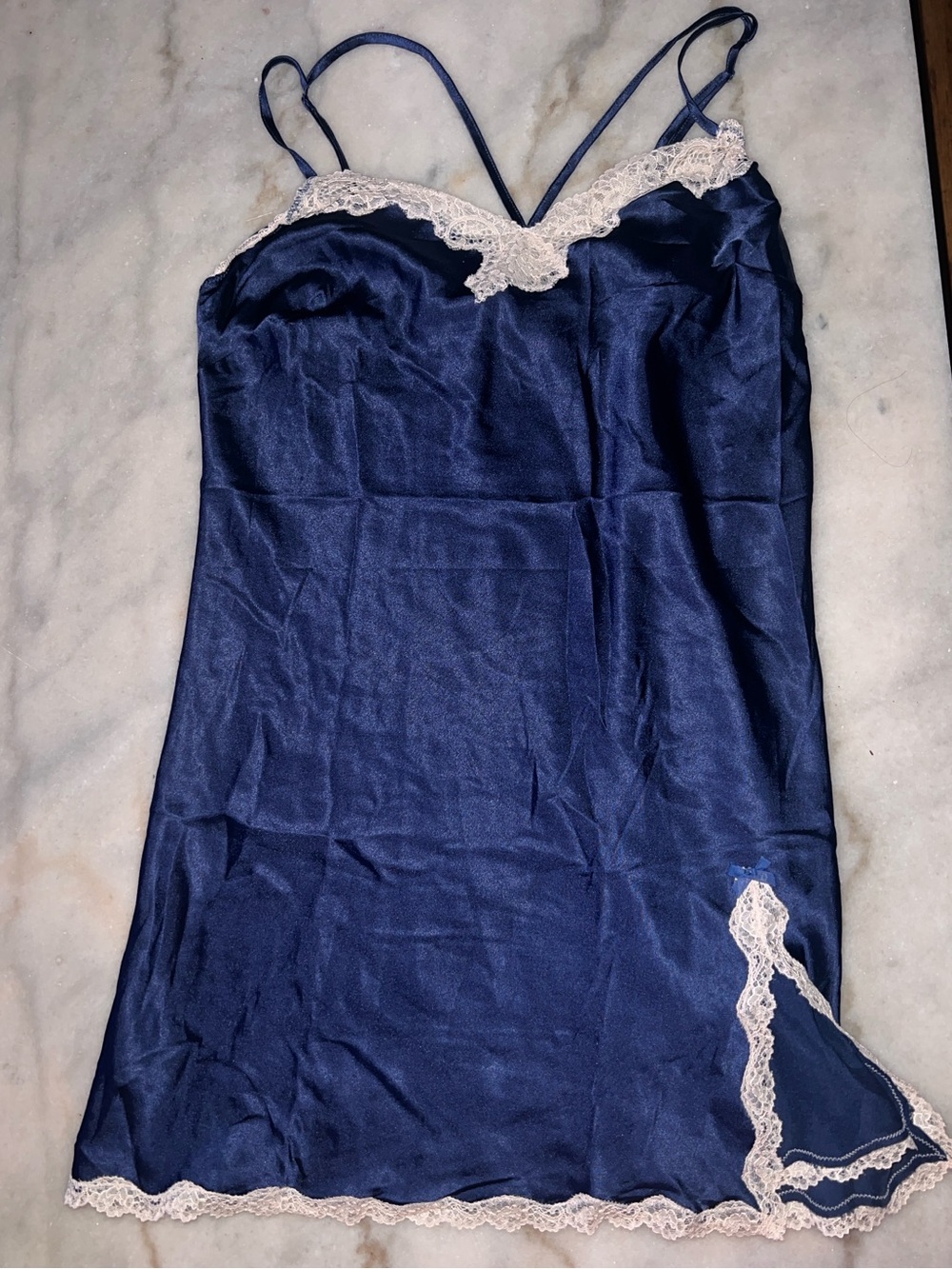 Victoria's Secret Navy Satin Slip with Lace Trim